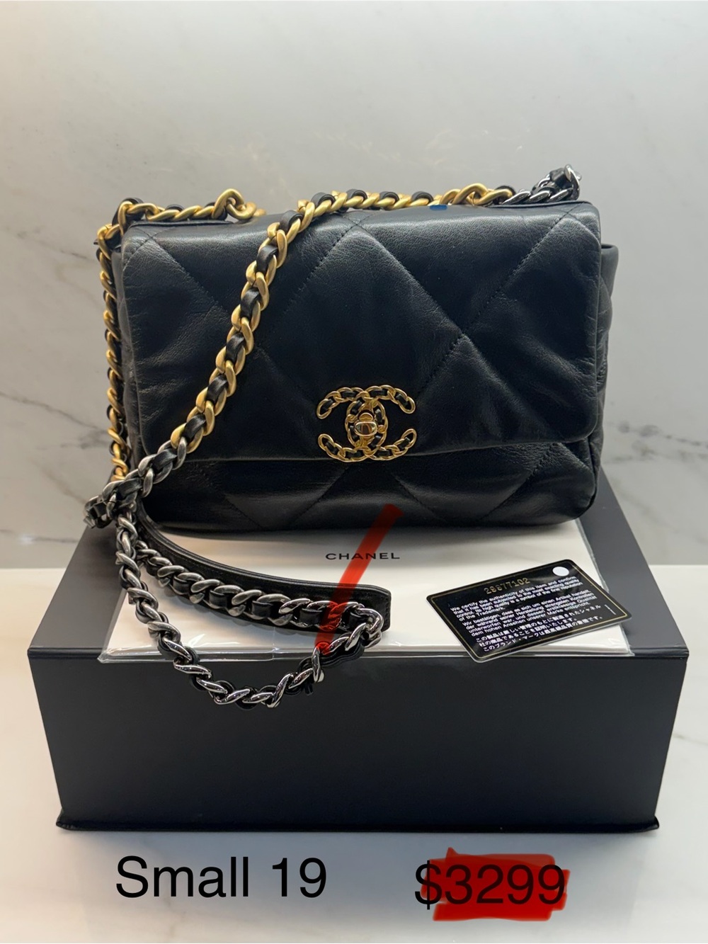 CHANEL Small 19 Black Quilted Leather Shoulder Bag with Mixed Metal Chain